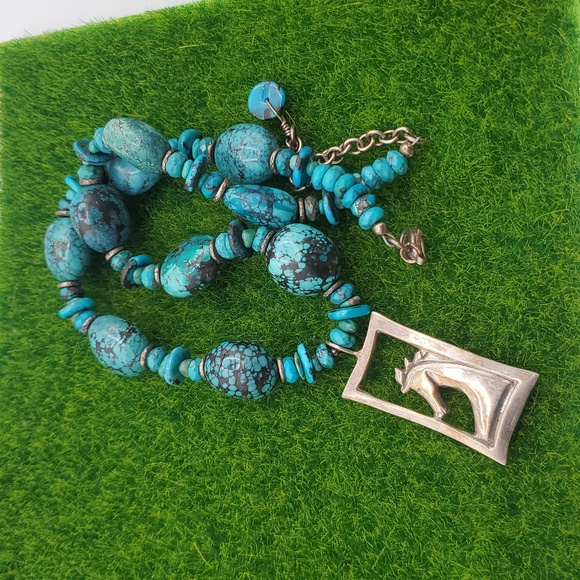 Turquoise Equestrian Horse Estate Necklace 22 Inch Sterling N3615 - Picture 1 of 4